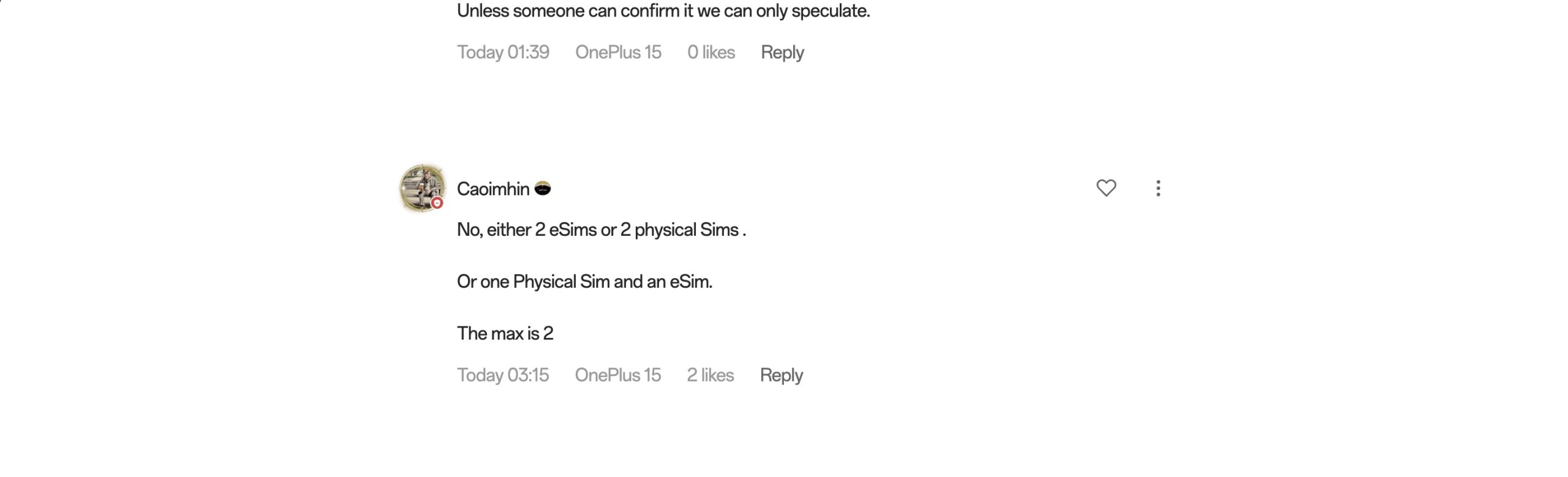OnePlus 15 Dual e-SIM - User Confirms 2 SIM