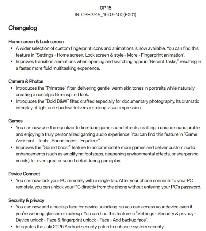 OnePlus 15 - July 2026 Security Patch