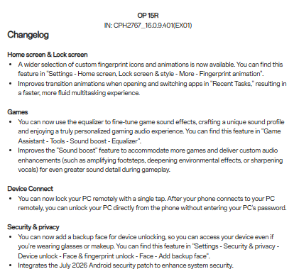 OnePlus 15R -Changelog