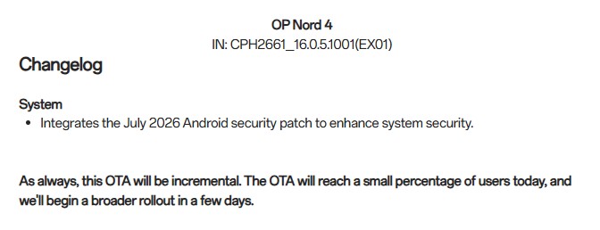 OnePlus Nord 4 OxygenOS 16.0.5.1001 Update