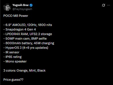 POCO M8 Power - India Specs Tipped