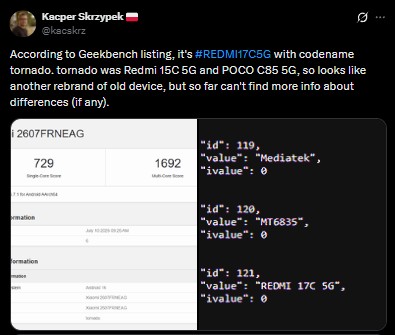 Redmi 17C 5G - Geekbench via tipster