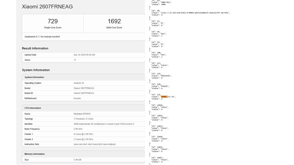 Redmi 17C 5G - Geekbench
