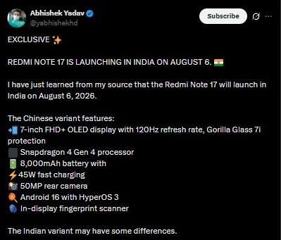 Redmi Note 17 5G - India Launch tipped