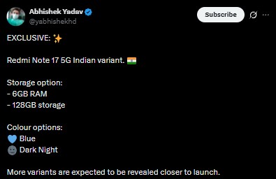 Redmi Note 17 5G - Indian Variant Details Tipped