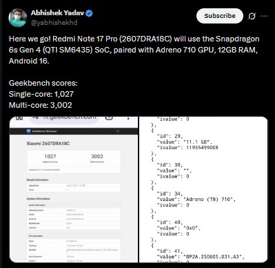 Redmi Note 17 Pro China - Geekbench