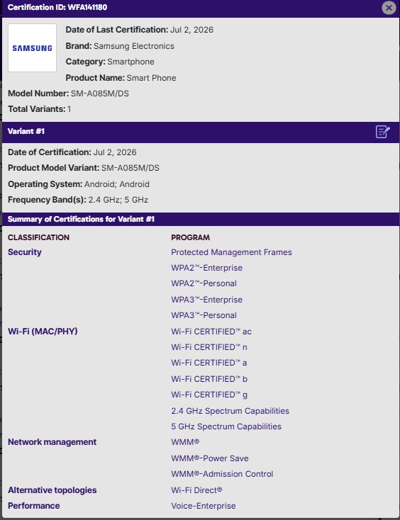 Samsung Galaxy A08 4G - Wifi Alliance