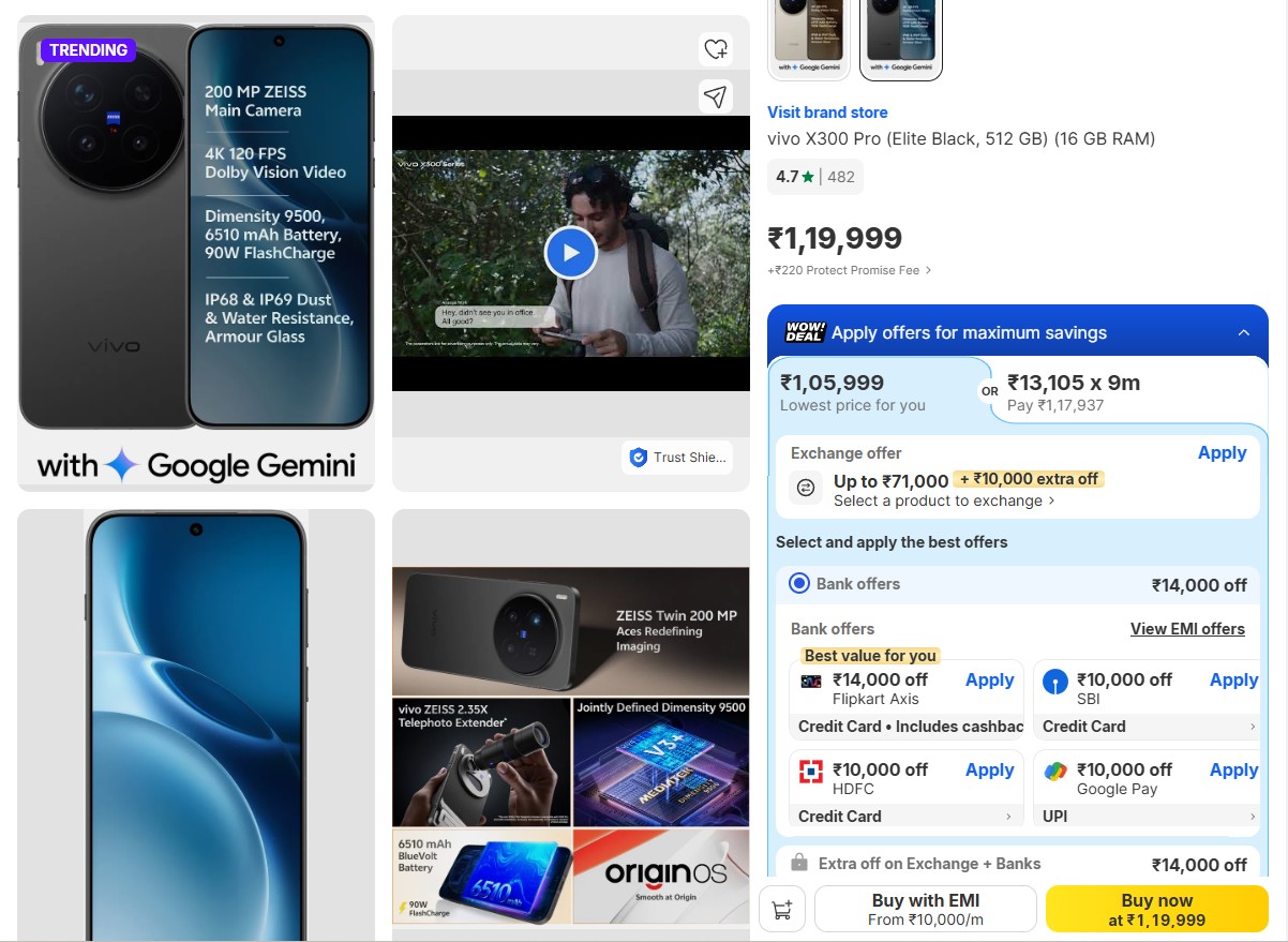Vivo X300 Flipkart - India Pricing