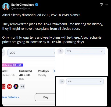 Airtel removed INR 299, INR 579 and INR 619 Plans