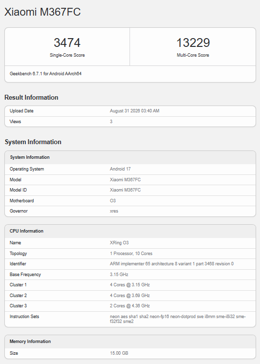 Alleged Xiaomi Pad 9 Pro Max - Geekbench