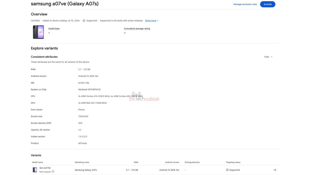 Galaxy A07s - Google Play Console