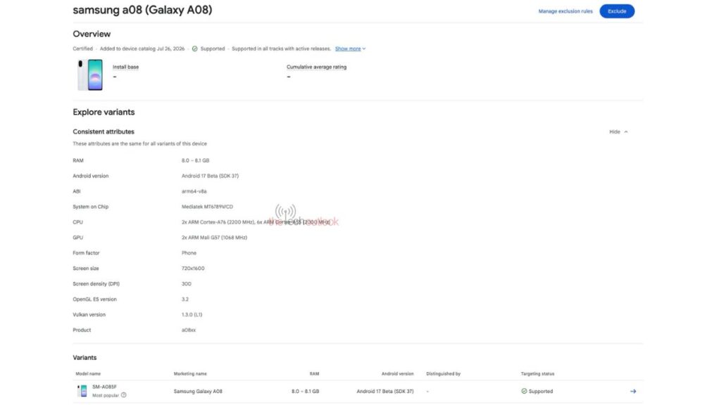 Galaxy A08 4G - Google Play Console