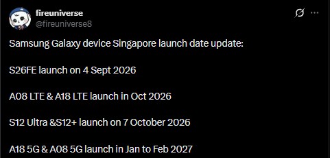 Galaxy S26 FE, A08, A18, S12 Ultra and S12+ Launch Timeline Tipped