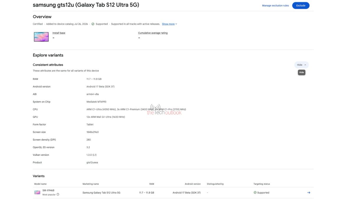 Galaxy Tab S12 Ultra -Google Play Console
