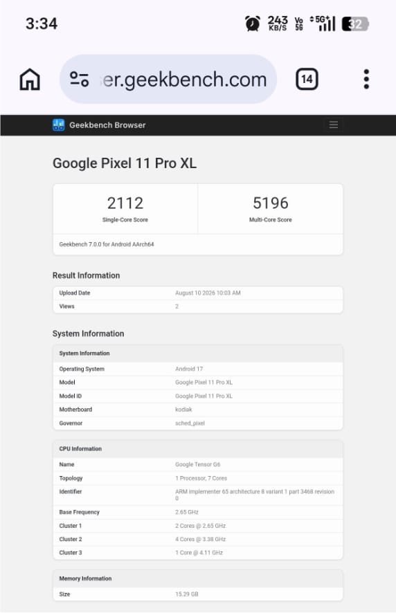 Google Pixel 11 Pro XL Geekbench