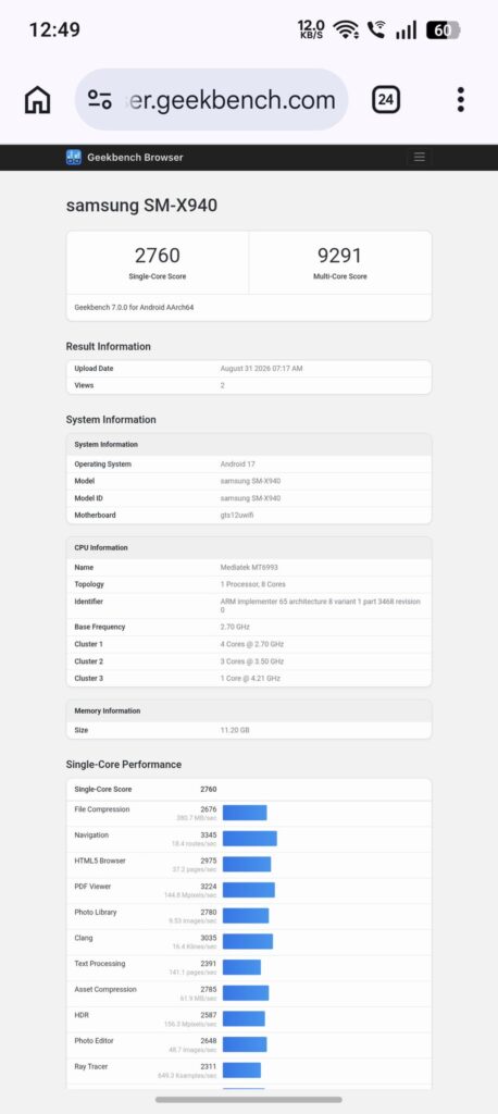 Galaxy Tab S12 Ultra WiFi- Geekbench