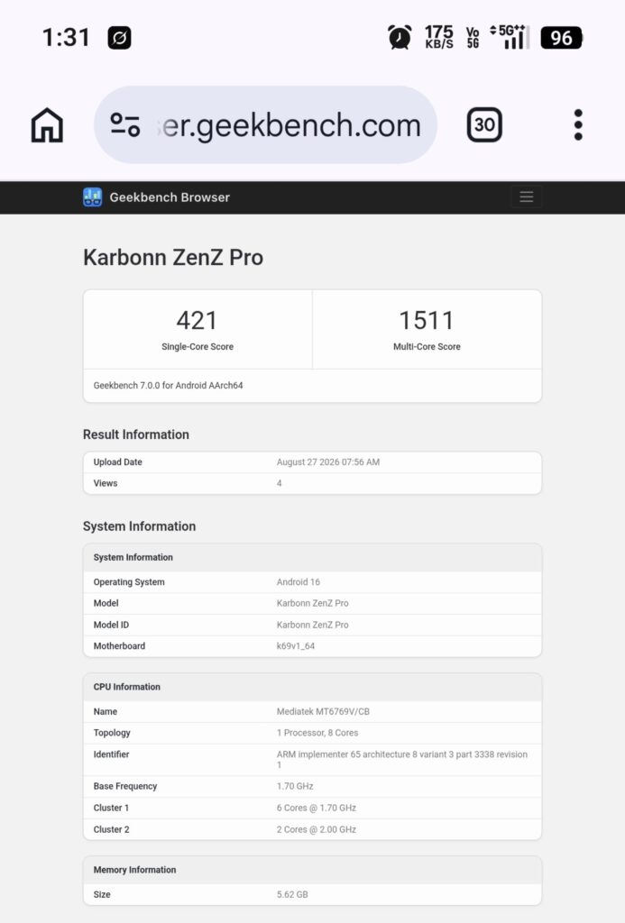 Karbonn ZenZ Pro - Geekbench
