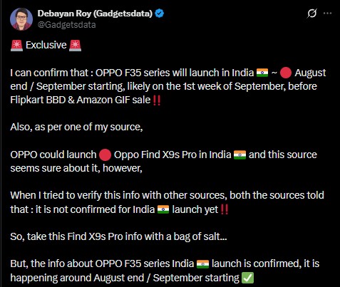 Oppo F35 Series india launch Tipped