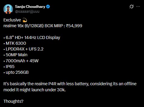 Realme 16X 5G - Retail Box MRP Leaked