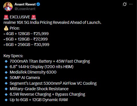 Realme 16x 5G - India Variant Price Revealed