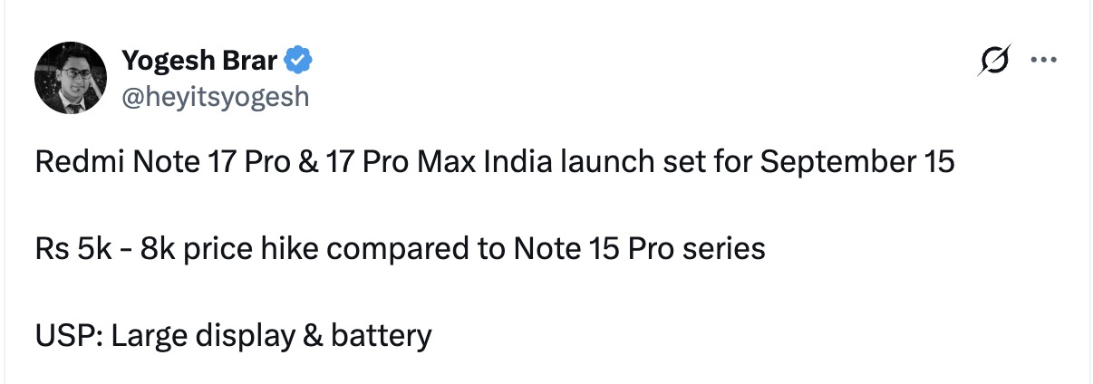 Redmi Note 17 Pro Series India Launch Tipped