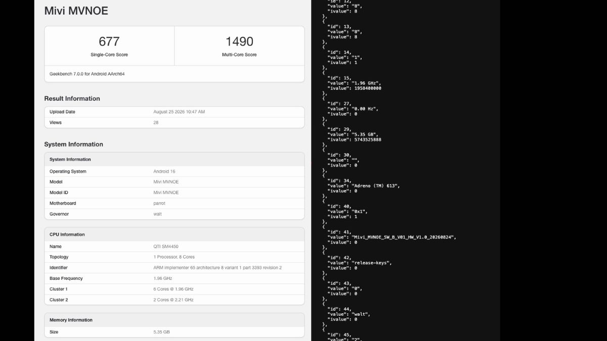 Upcoming MIVI smartphone on Geekbench