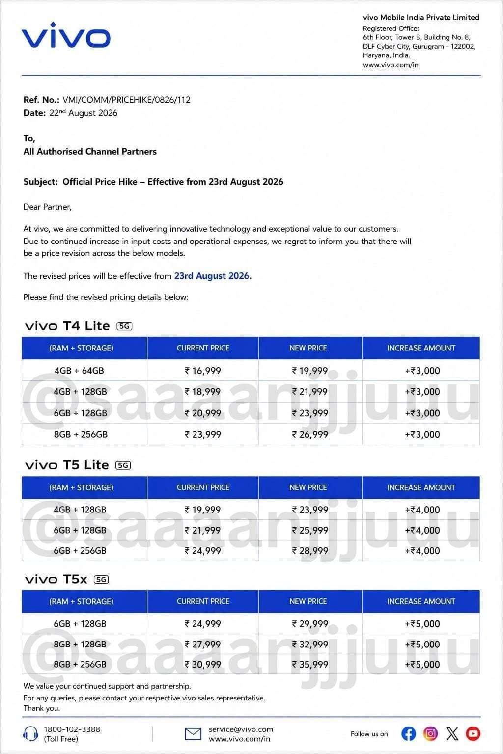 Vivo T5x, T5 Lite and T4 Lite India Pricing Revision Circular August