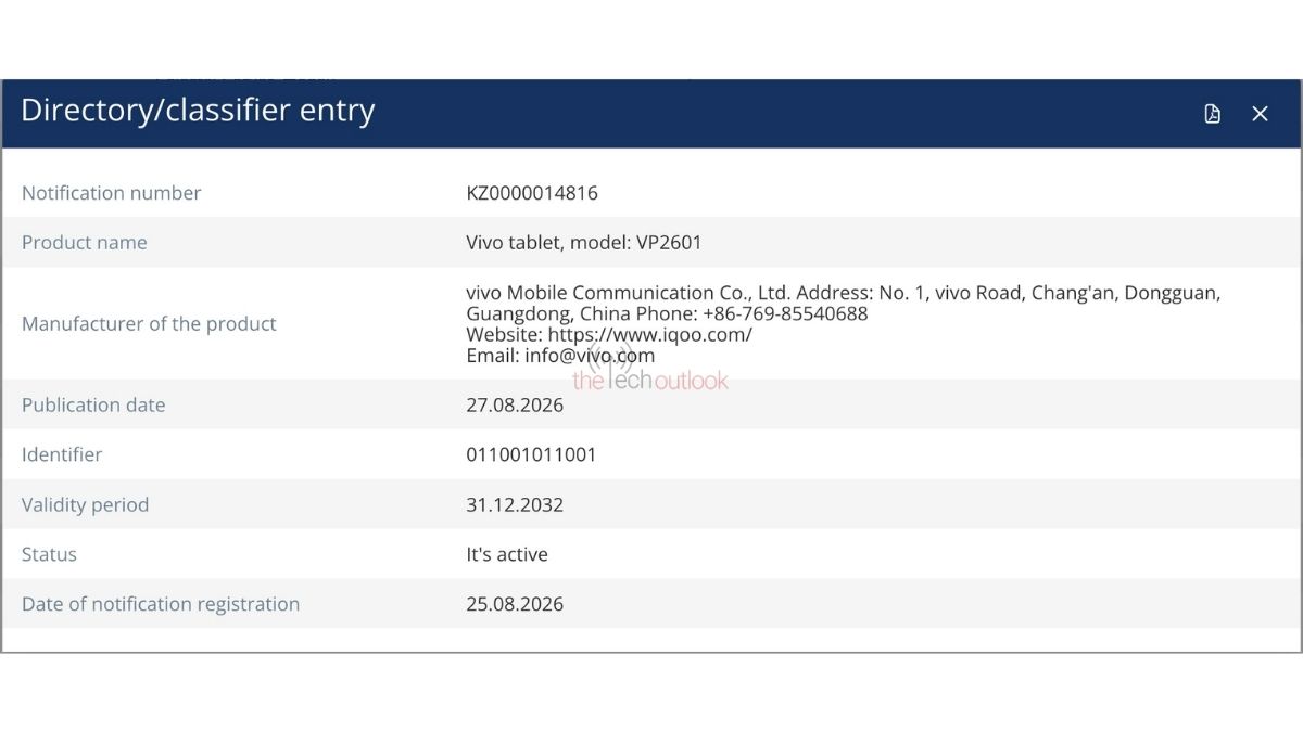 Vivo Tablet on EEC - VP2601