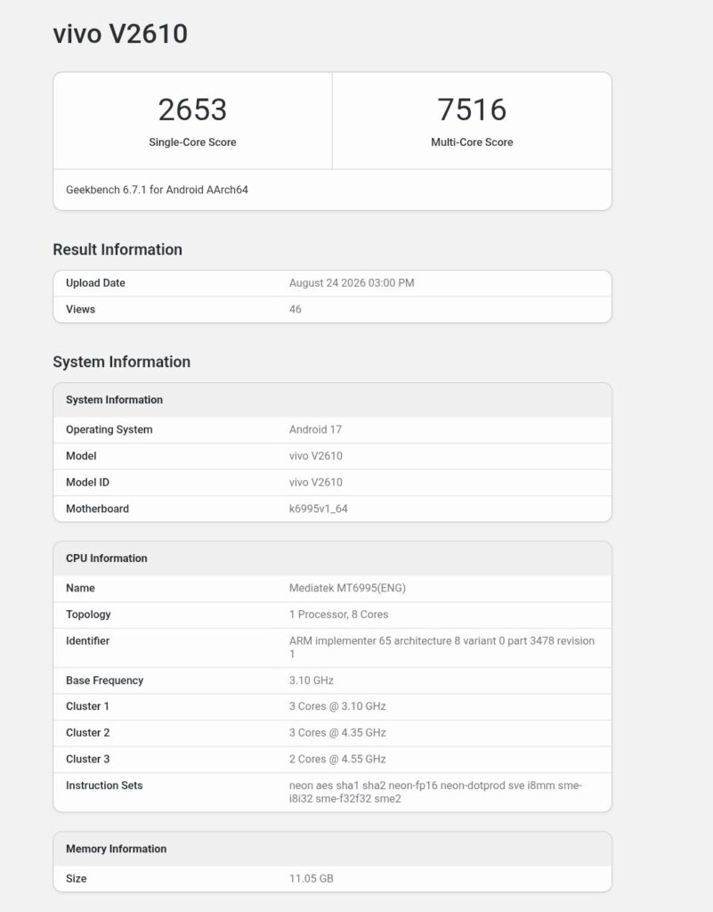 Vivo X500 Pro Max - Geekbench