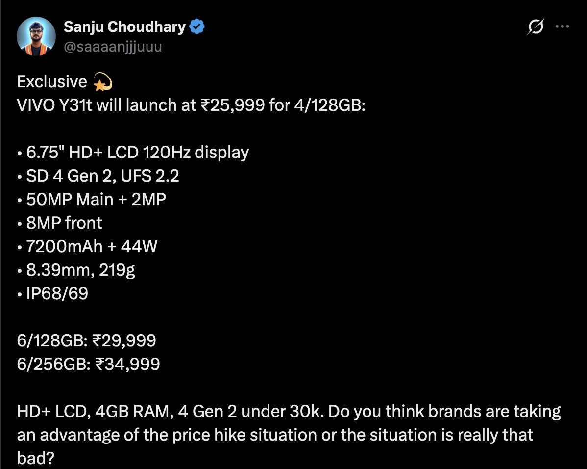 Vivo Y31t 5G - Indian Pricing shared by Tipster