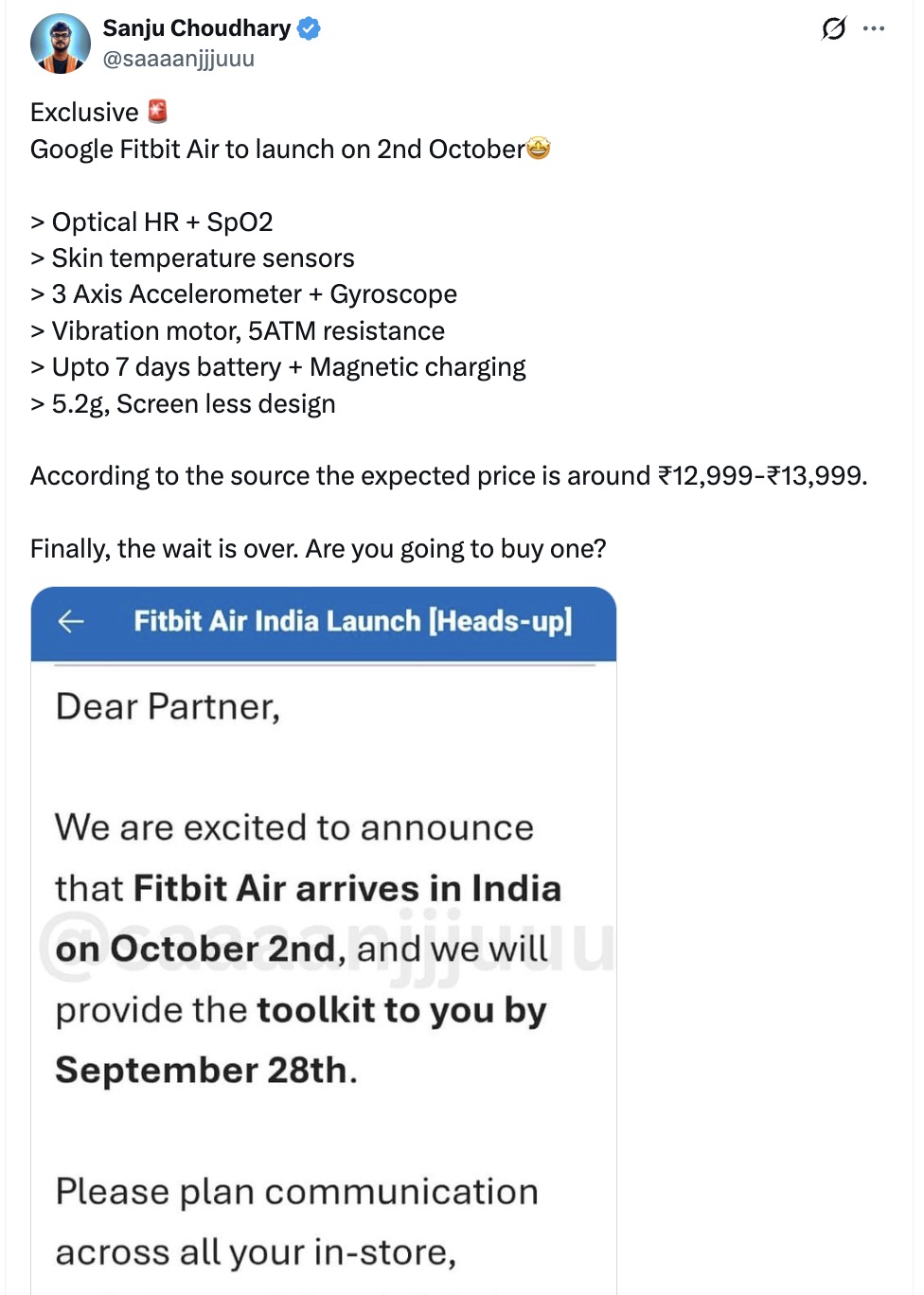 Google Fitbit Air - India Launch Tipped