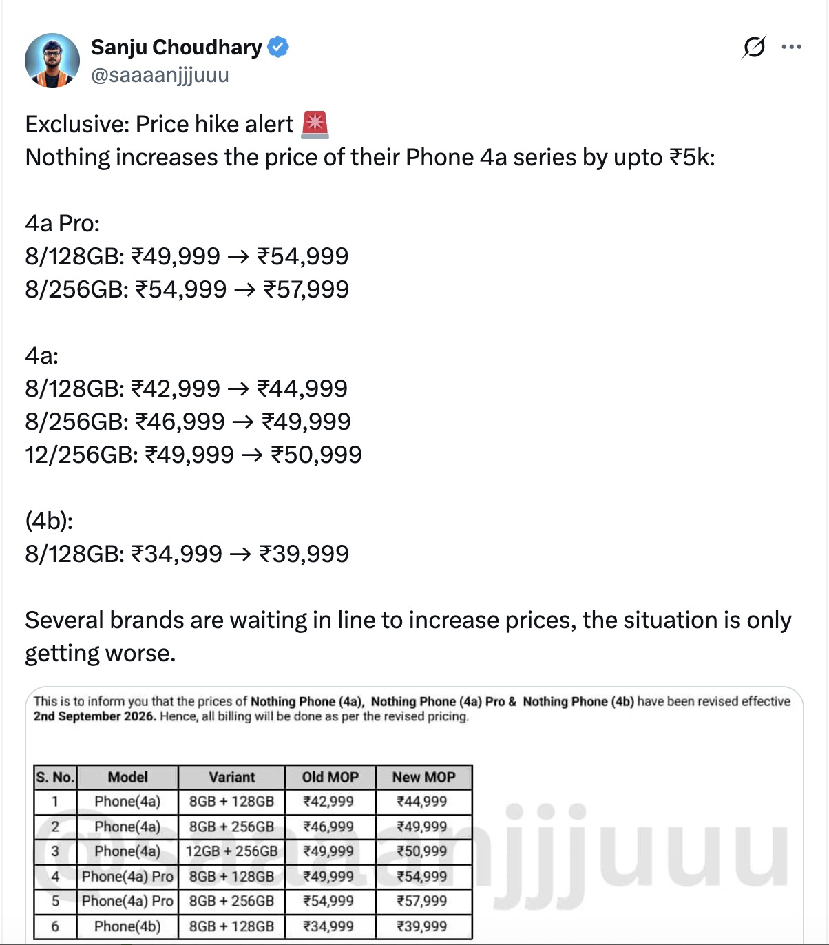 Nothing Phone 4a series and Phone 4b - price Increase Tipped