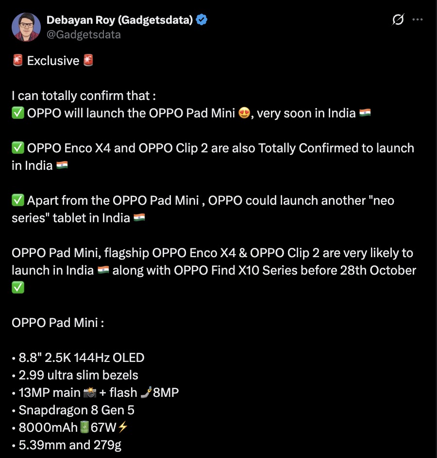 OPPO Pad Mini, OPPO Ecno X4 and Clip 2 - India Launch Tipped