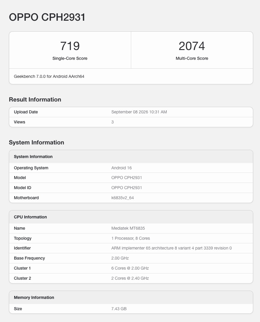 Oppo A7 Pro 5G - Global Geekbench
