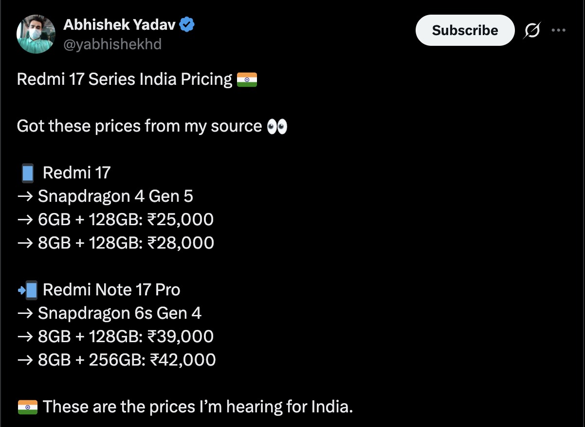Redmi 17 5G and Redmi Note 17 Pro 5G - Indian Pricing