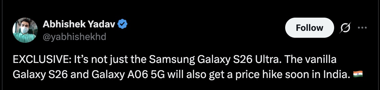 Samsung Galaxy S26 and Galaxy A06 5G - Price Hike