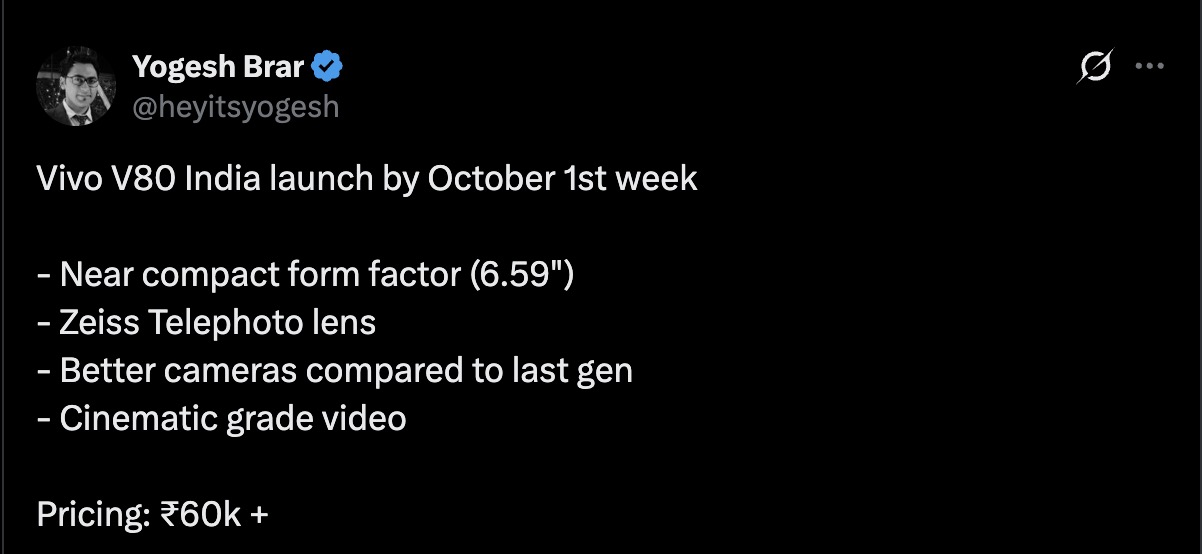 Vivo V80 India Launch Tipped