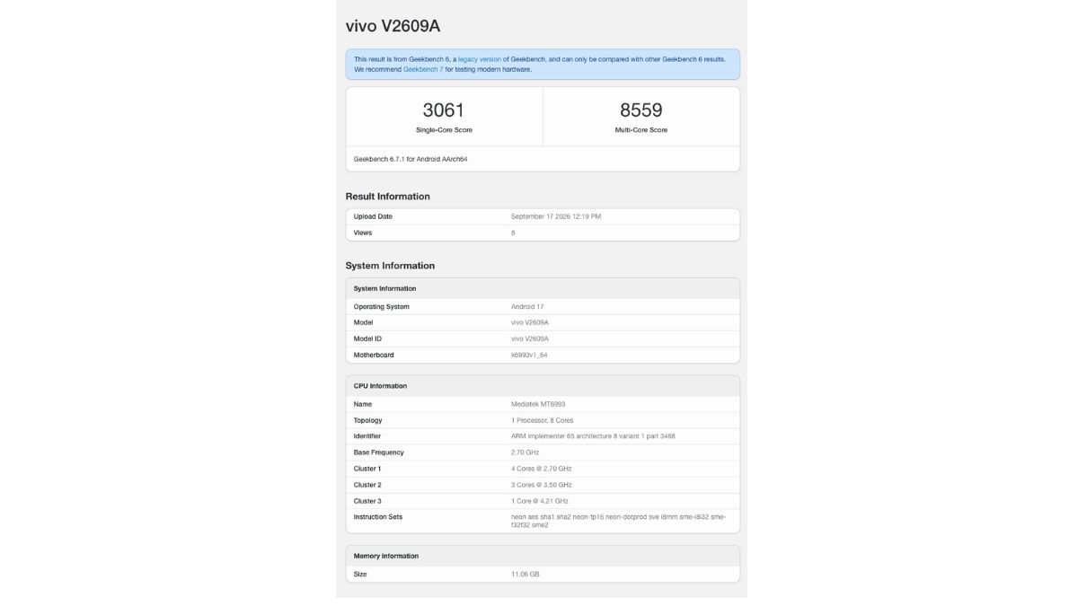 Vivo X500 China - Geekbench