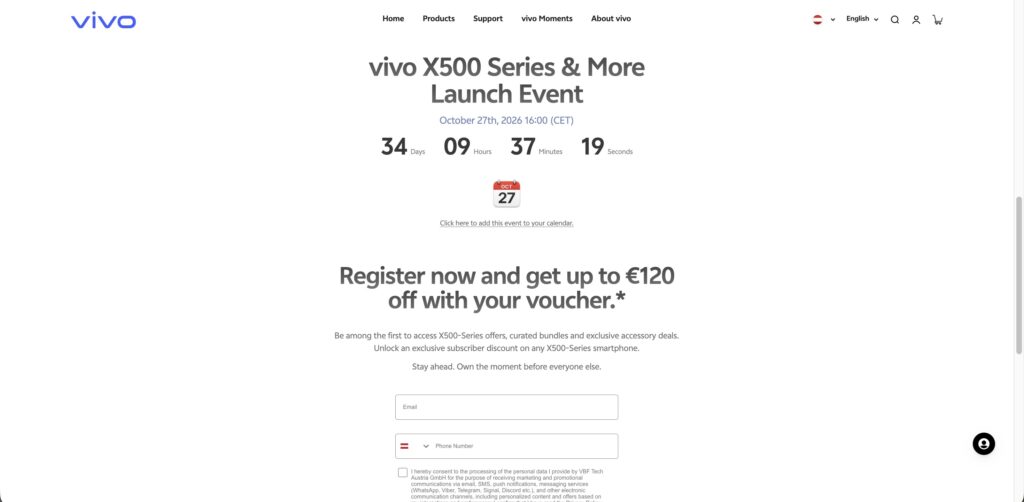 Vivo X500 Series Global Registration Page
