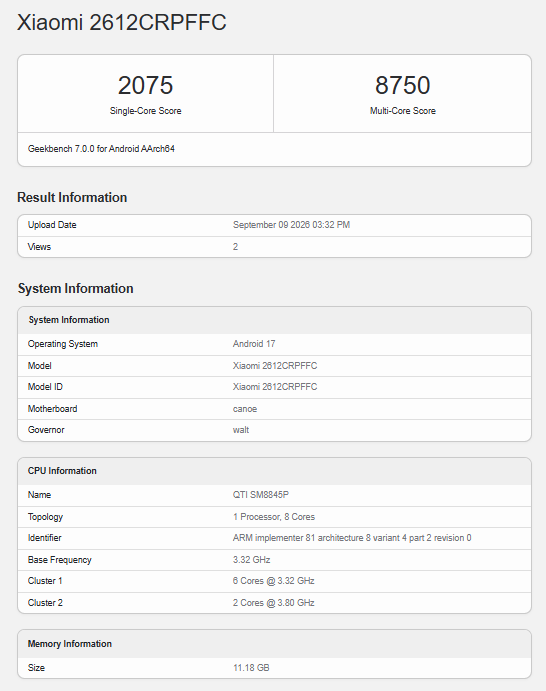 XIaomi pad 9 Pro China - Geekbench