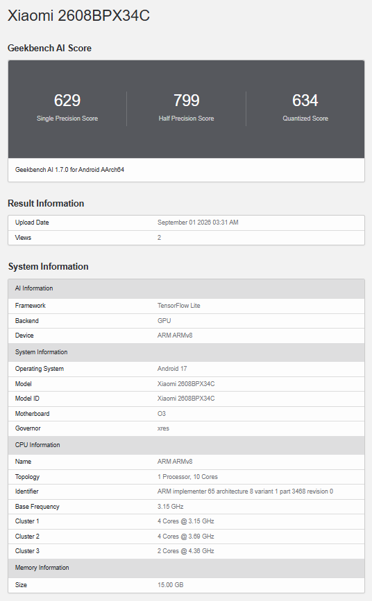 Xiaomi 18 Fold- Geekbench AI