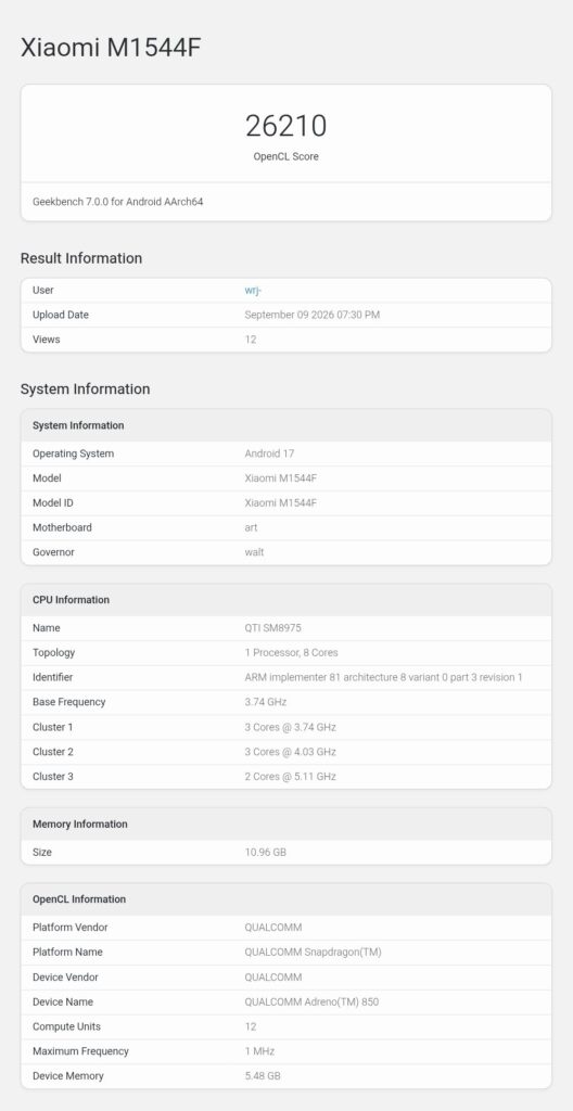 Xiaomi 18 Pro Max Geekbench