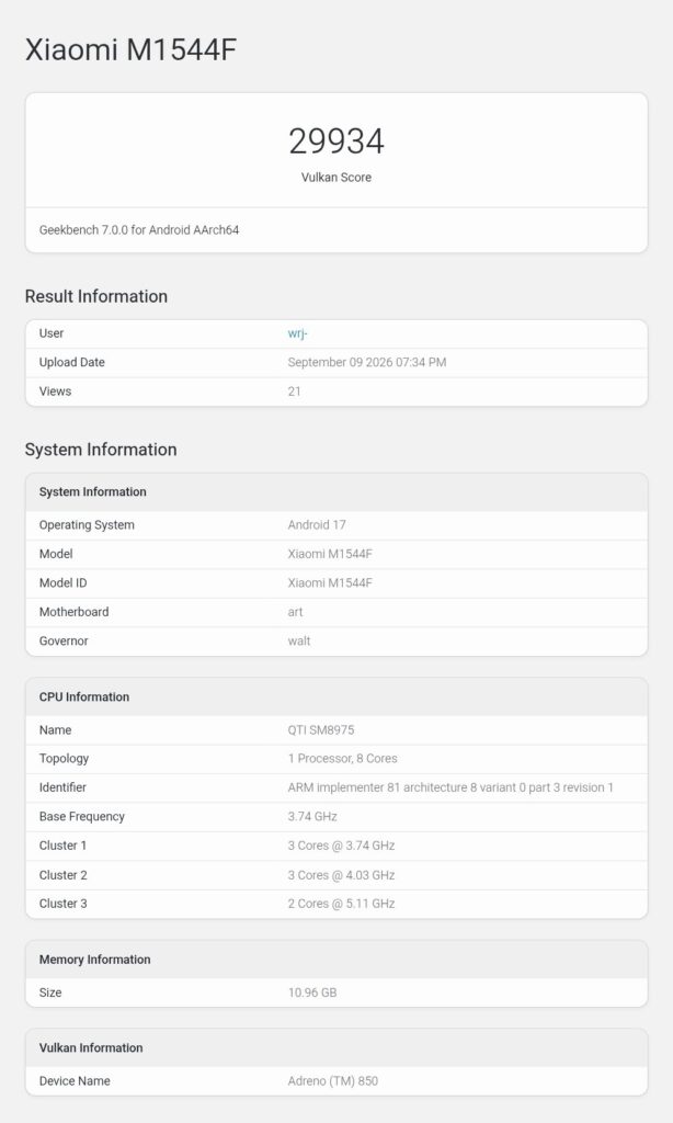 Xiaomi 18 Pro Max Geekbench