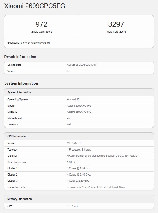 Alleged Poco X8s - Geekbench