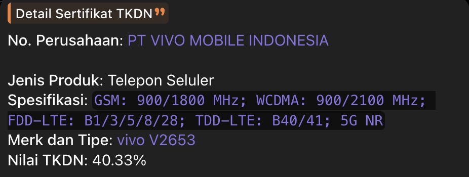 Alleged Vivo X500 FE on TKDN