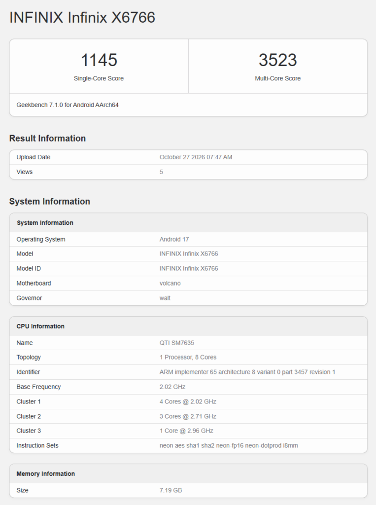 Infinix Note 70 Pro - Geekbench
