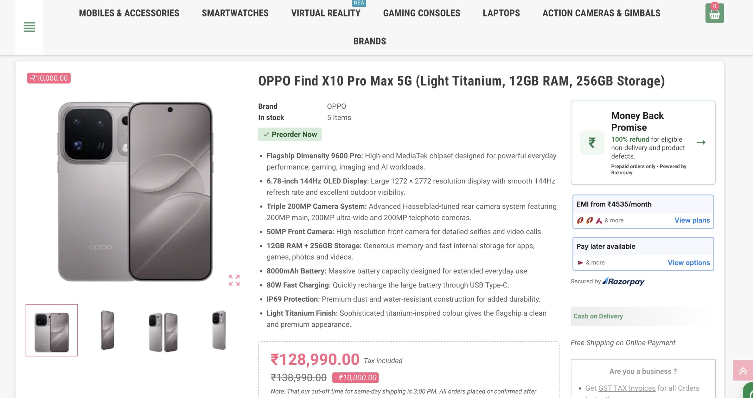 OPPO Find X10 Pro Max - Retailer Listing on a Indian retailer