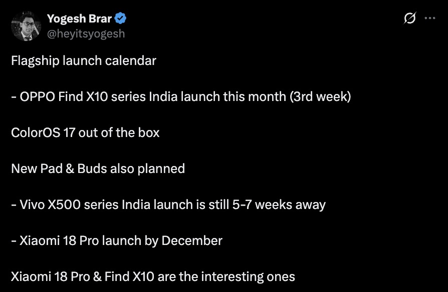 ScreenOPPO Find X10 Series, Vivo X500 Series and Xiaomi 18 Pro India Launch Tipped
