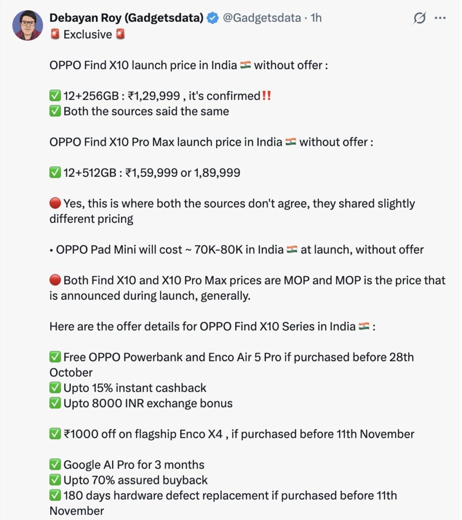 OPPO Find x10 Series India Pricing Tipped