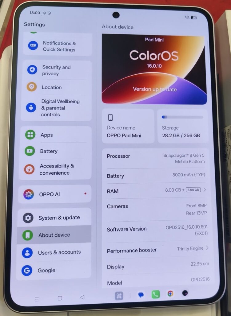 OPPO Pad Mini - About Device Section